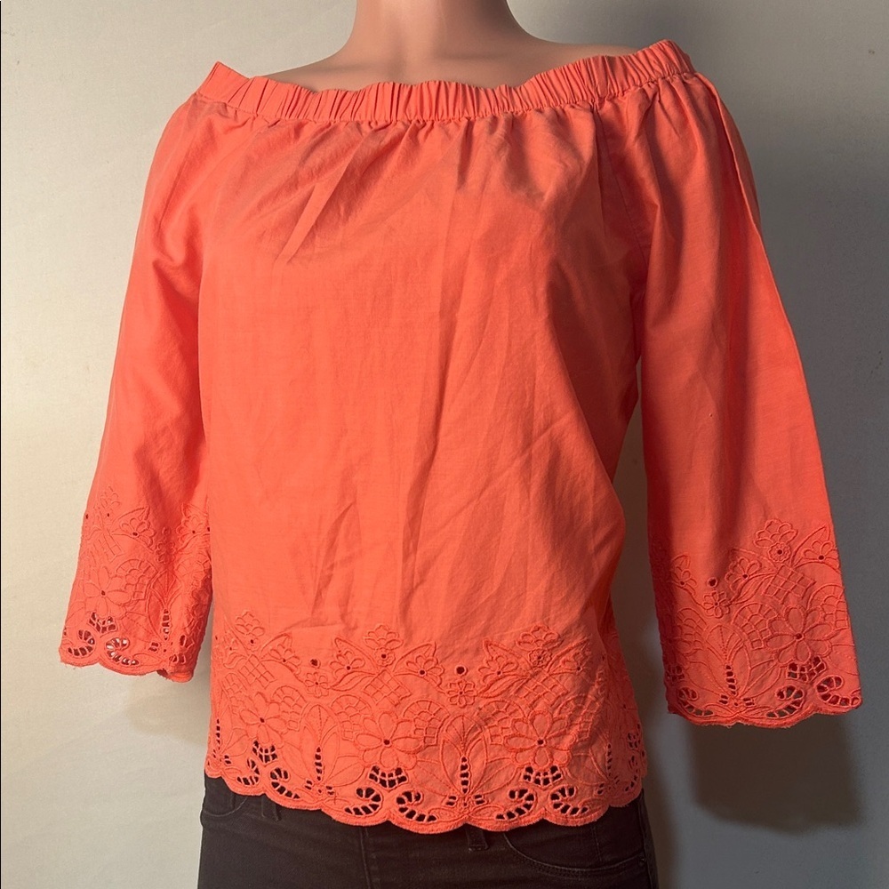 Tommy Hilfiger Off Shoulder Eyelet Embroidered CottonBlouse Top Coral Pink Sz SP